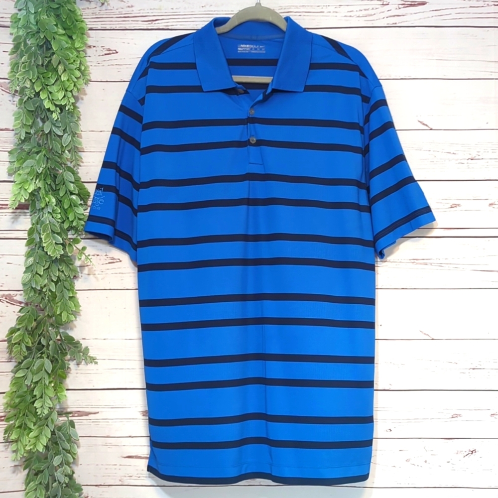 Nike Golf Polo Shirt Mens XL Blue Striped Performance Fit Dry Moisture‎ Wicking